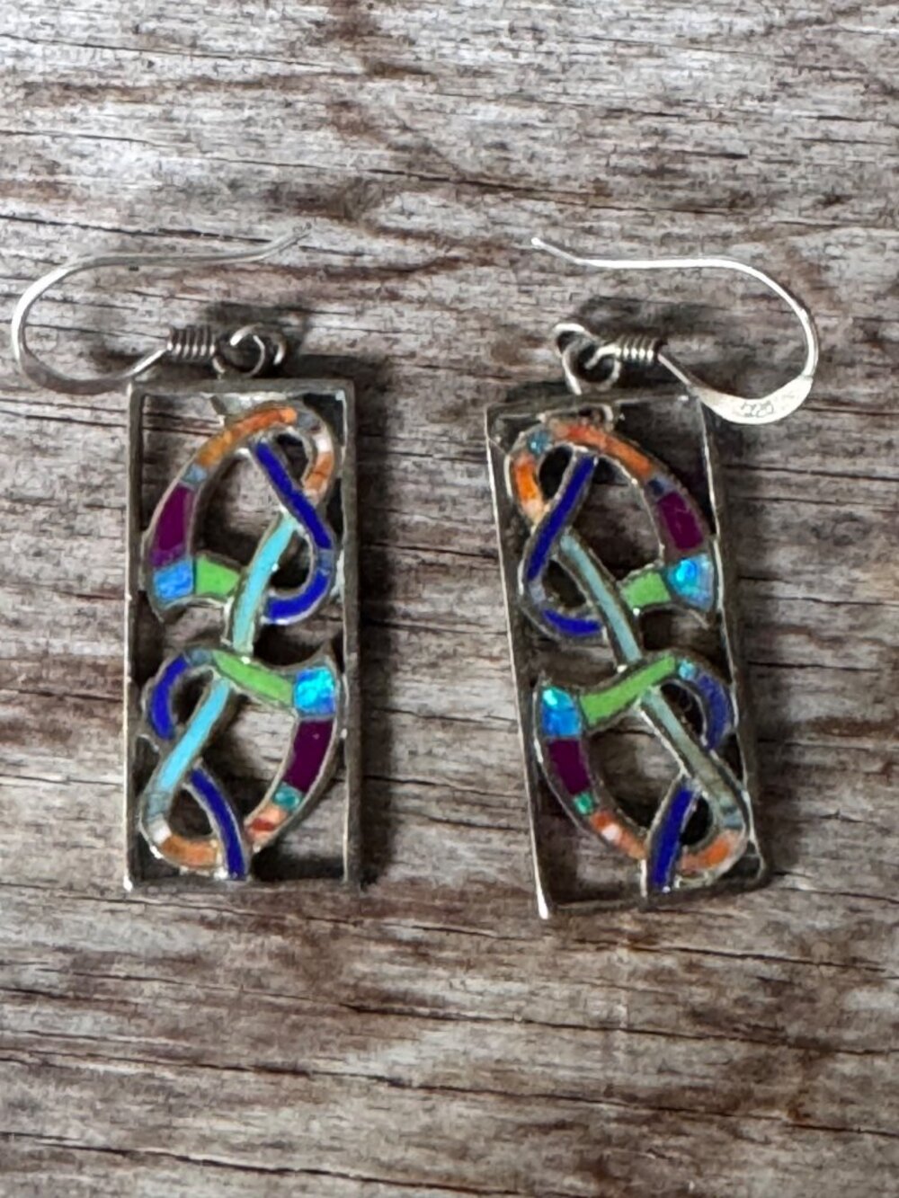Sterling Silver Dangle Earrings Women 925 1.5” Multicolor Inlay Artisan - Picture 2 of 7